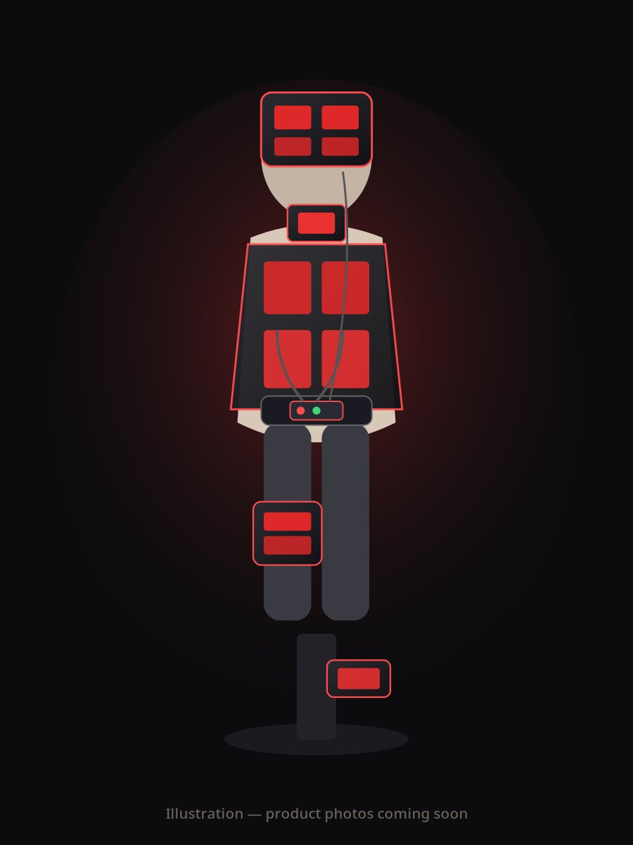 Illustration of vest, hat, neck pad, thigh wrap, foot wrap, and belt controller made of rectangular pads